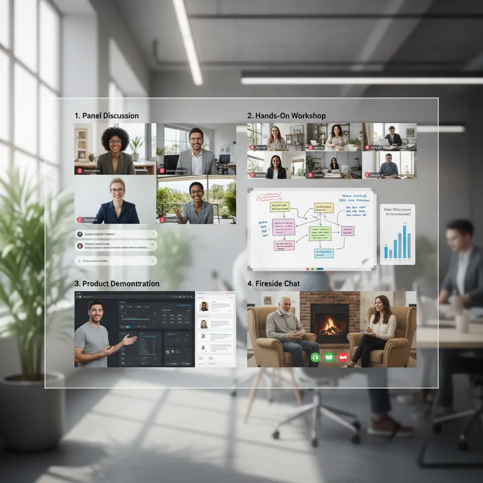An infographic illustrating four distinct interactive webinar formats: (1) a Panel Discussion with multiple speakers and audience Q&A on a split-screen interface; (2) a Hands-On Workshop showing small breakout groups collaborating via video tiles and shared whiteboard; (3) a Product Demonstration with a presenter sharing custom software screens alongside live polling results; and (4) a Fireside Chat featuring an executive and a customer success leader in an intimate video-call setting.
