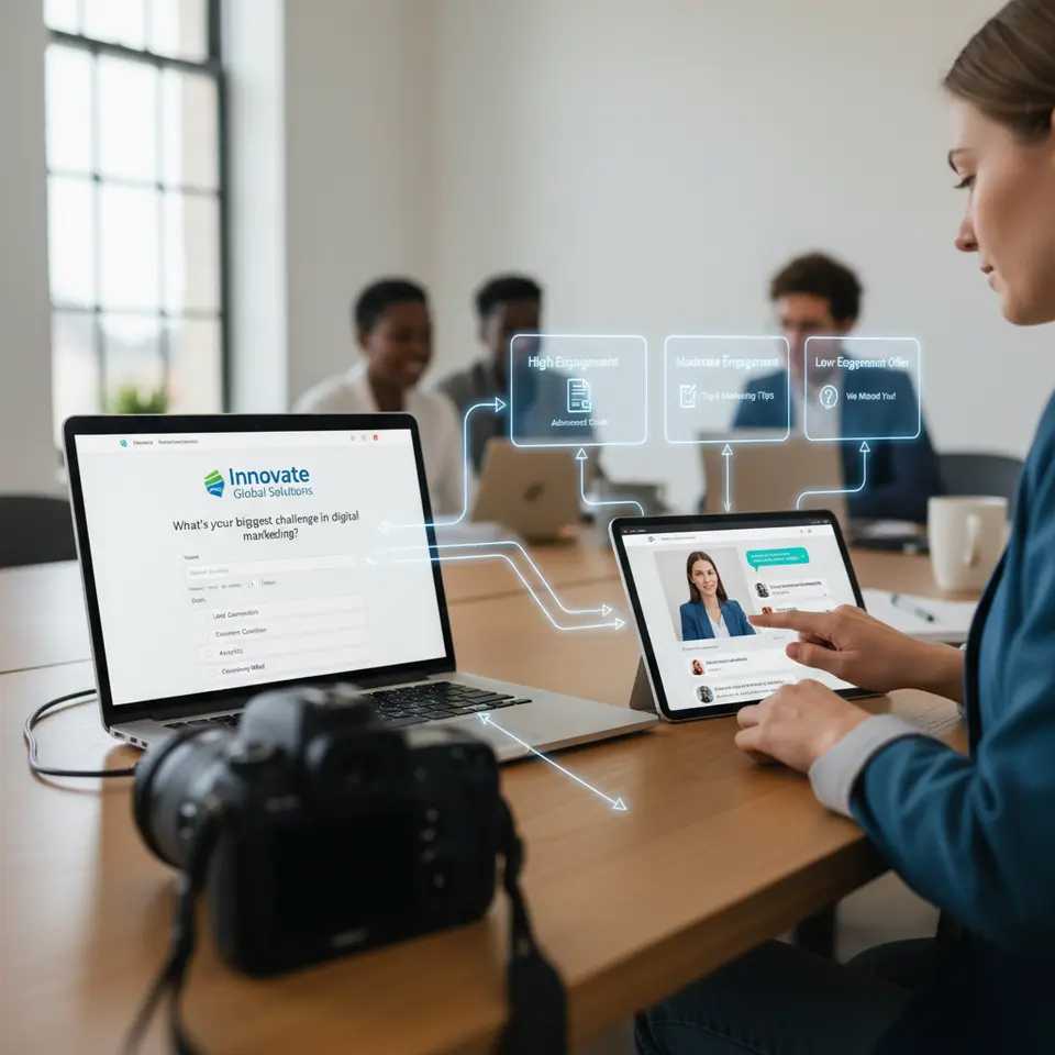 A composite visualization of personalization techniques for interactive webinars: a laptop displaying a dynamic registration page branded with a target company’s logo; branching arrows representing conditional content flows based on poll responses; a sidebar view of a dedicated account host monitoring chat and annotations; and a sequence of segmented follow-up email cards triggered by different engagement scores.