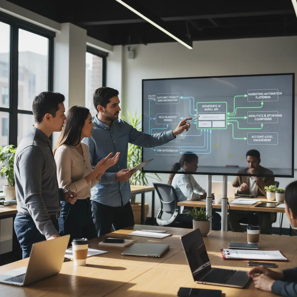 A detailed infrastructure diagram showing the end-to-end AI-driven ABM technology stack: from centralized customer and prospect data in a warehouse/CDP, real-time intent signals feeding in, a generative AI model API generating personalized copy/assets, to marketing automation platforms orchestrating campaigns and analytics tools measuring account-level engagement—all interconnected with secure, compliance-certified pipelines.