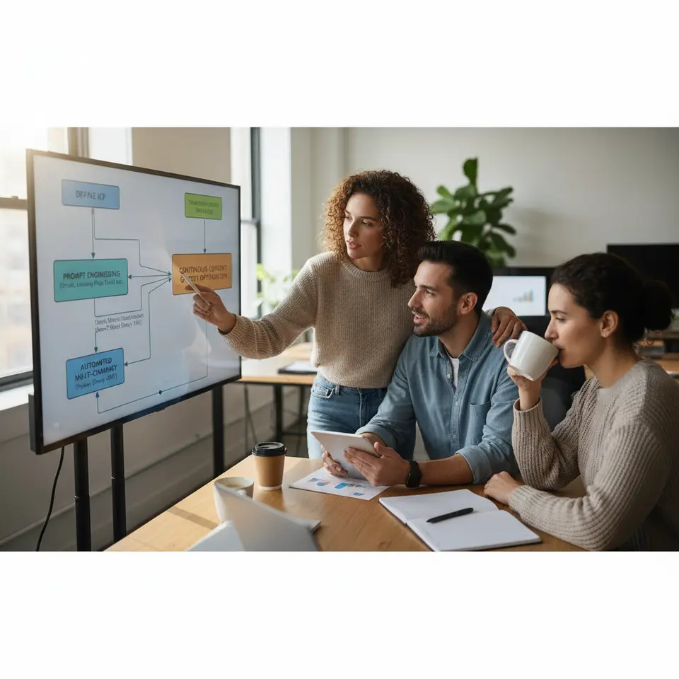 A dynamic ABM workflow flowchart illustrating key steps: defining the ideal customer profile, prompt engineering for brand-aligned email cadences, landing pages, and social ads, automated multi-channel journey orchestration across email, chatbots, display ads, and SMS, plus real-time engagement feedback loops for continuous content optimization.