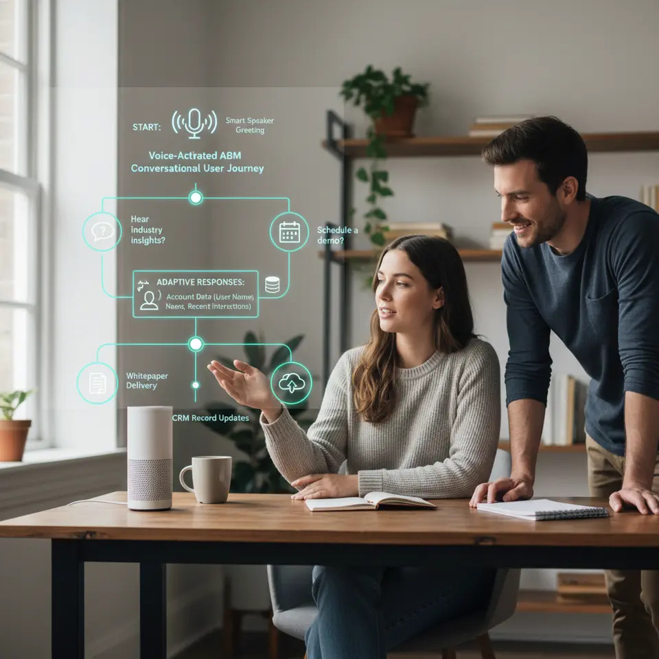 A stylized flowchart depicting a voice-activated ABM conversational user journey: start with a smart speaker greeting, branching prompts like “Hear industry insights?” or “Schedule a demo?”, adaptive responses pulling account data (user name, recent interactions), and automated handoffs (whitepaper delivery, CRM record updates). Use clear icons for voice waves, user personas, CRM database, and decision nodes.
