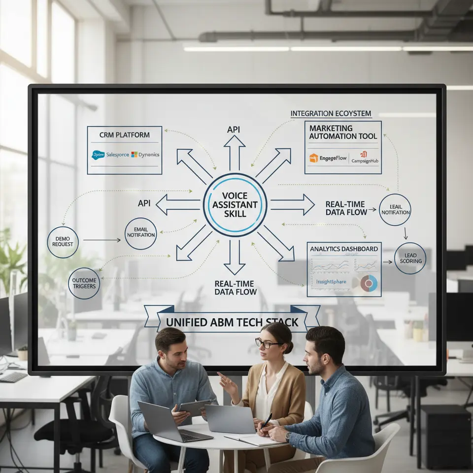 An integration ecosystem diagram showing a central voice assistant skill connected via API to a CRM platform (Salesforce/Microsoft Dynamics), a marketing automation tool, and an analytics dashboard. Illustrate secure webhooks, real-time data flow arrows, and outcome triggers (demo request, email notification, lead scoring), all within a unified ABM tech stack.