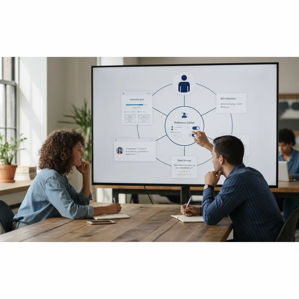 An interconnected dashboard illustrating the five zero-party data collection tactics: a central preference center interface with toggle switches, an interactive quiz overlay with a progress bar, a minimalist ROI calculator widget displaying results, a concise email survey pop-up, and a conversational chatbot chat window—all orbiting a user silhouette to show voluntary data sharing.