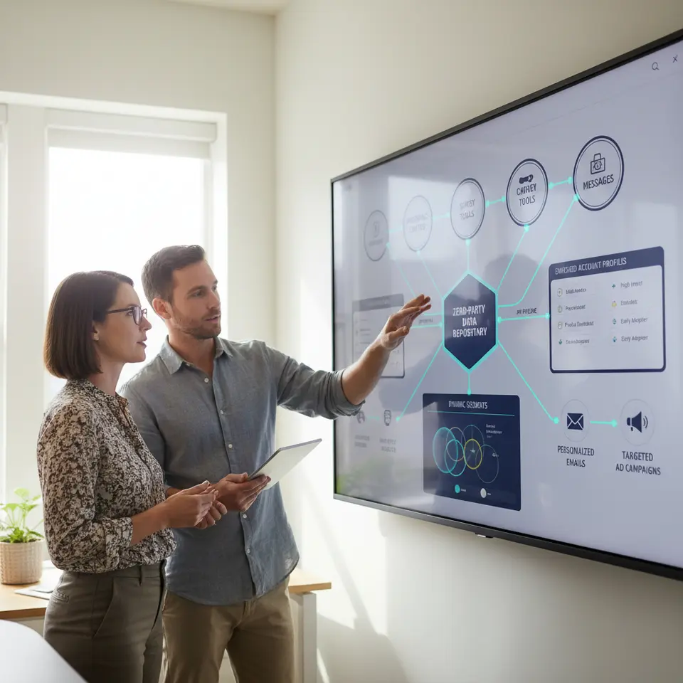 A data-flow diagram depicting integration of zero-party data into an ABM platform: icons for preference centers, survey tools, and chatbot messages linked by API pipelines into a central data repository, enriched account profiles with labeled tags, dynamic segments highlighted on the platform dashboard, and automated workflows branching out to personalized emails and targeted ad campaigns.