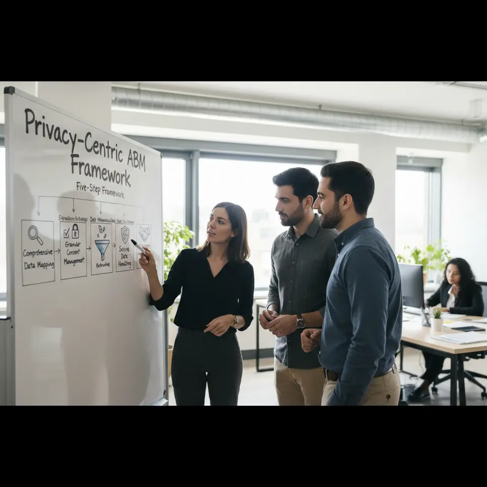 Five-step privacy-centric ABM framework flowchart featuring distinct icons for comprehensive data mapping, granular consent management, data minimization & retention, secure data handling, and vendor due diligence