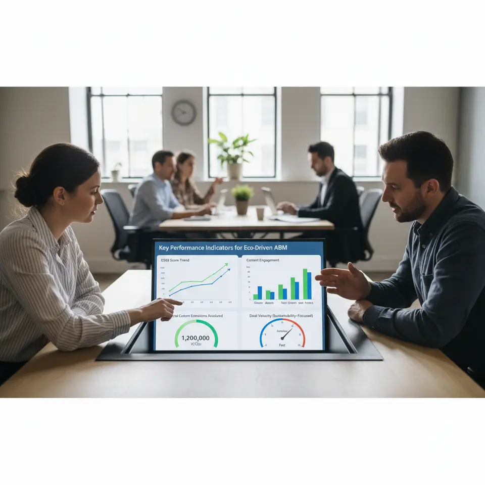 Key Performance Indicators for Eco-Driven ABM: A sleek dashboard mockup featuring four distinct panels—an ESG score trend line, a gauge showing total carbon emissions avoided, a bar chart comparing green content engagement versus non-green assets, and a speedometer-style visual for deal velocity on sustainability-focused opportunities.